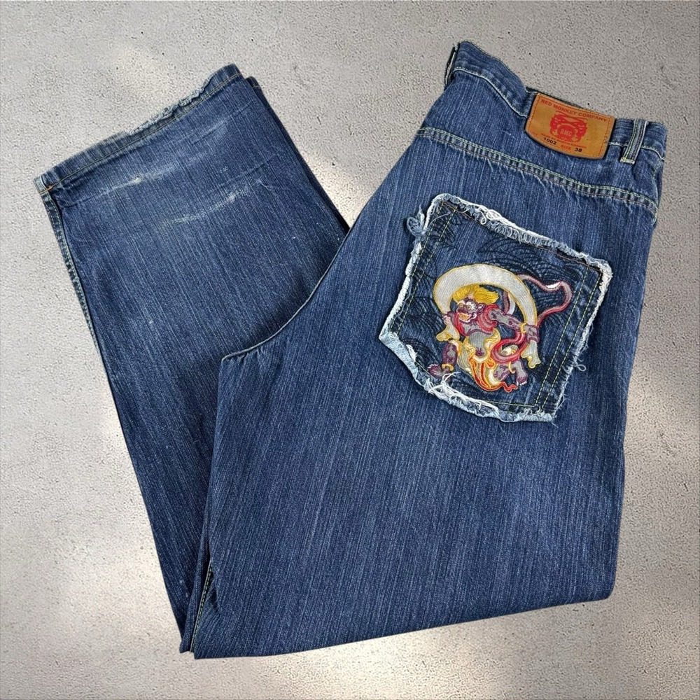 Vintage RMC RED MONKEY Embroidered Y2K Jeans Mens 38 Lot 1002 Geisha Samurai